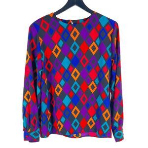 90s multicolor abstract geometrical diamond print blouse 1990s vintage